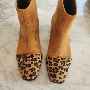 Women's Tan Suede Ankle Boots with Leopard Toe
